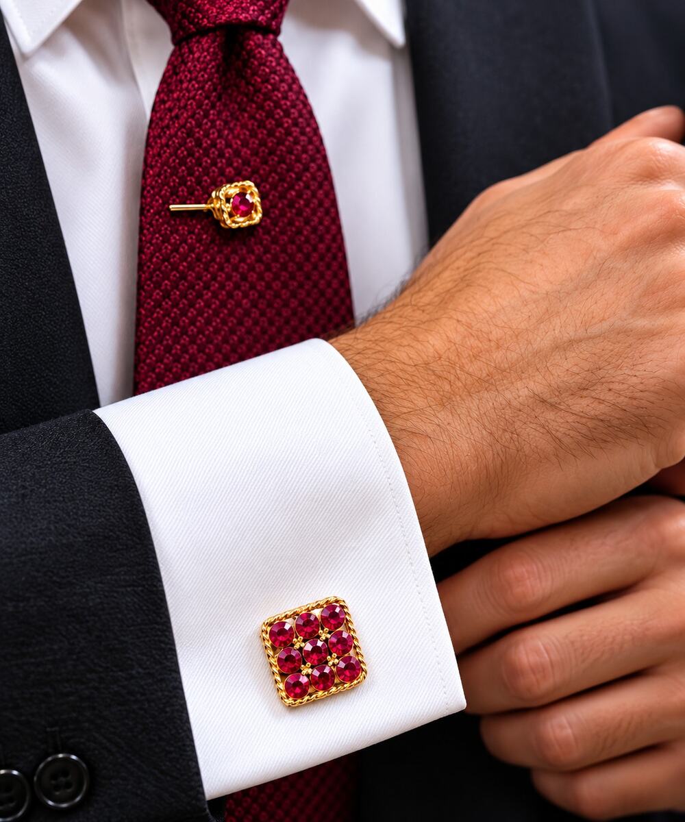 Vintage Red Cufflinks and Tie Tack Set: Mid-Century Men's Jewelry